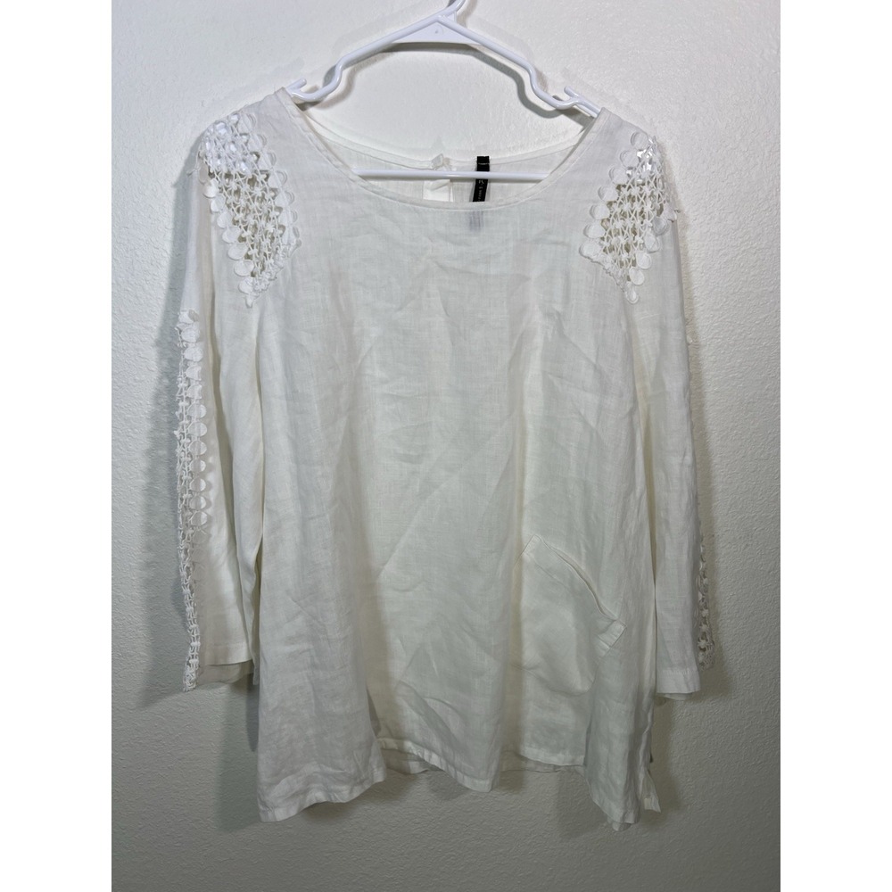 IC by Connie K Women's Tunic L White Linen Crochet Detail Beach Cottagecore